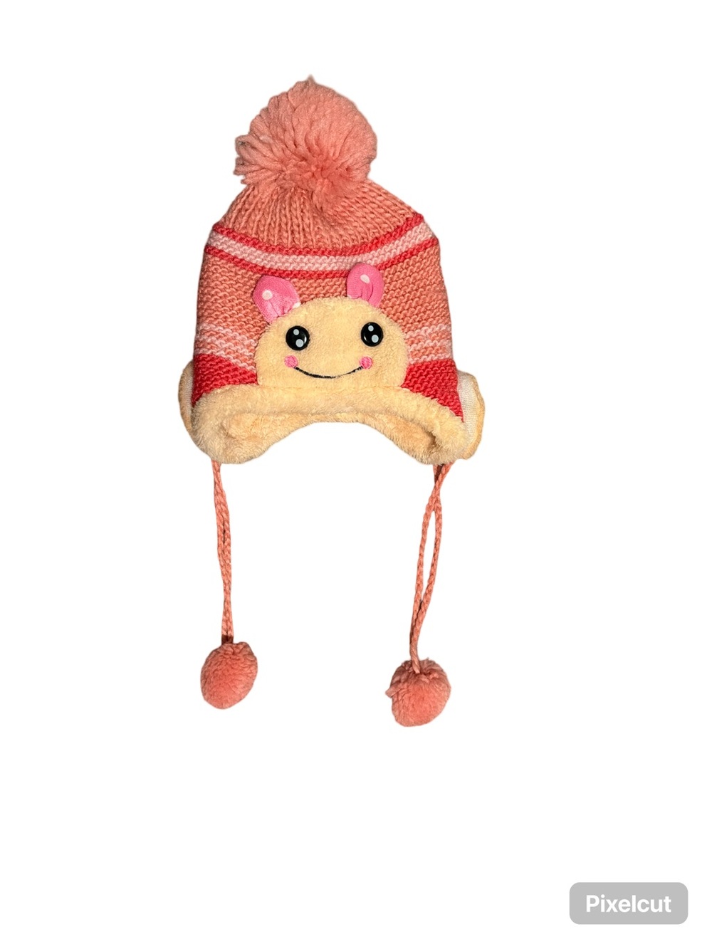 Kids Pom-Pom Earflap Beanie Hat - Peach Pink Yellow
